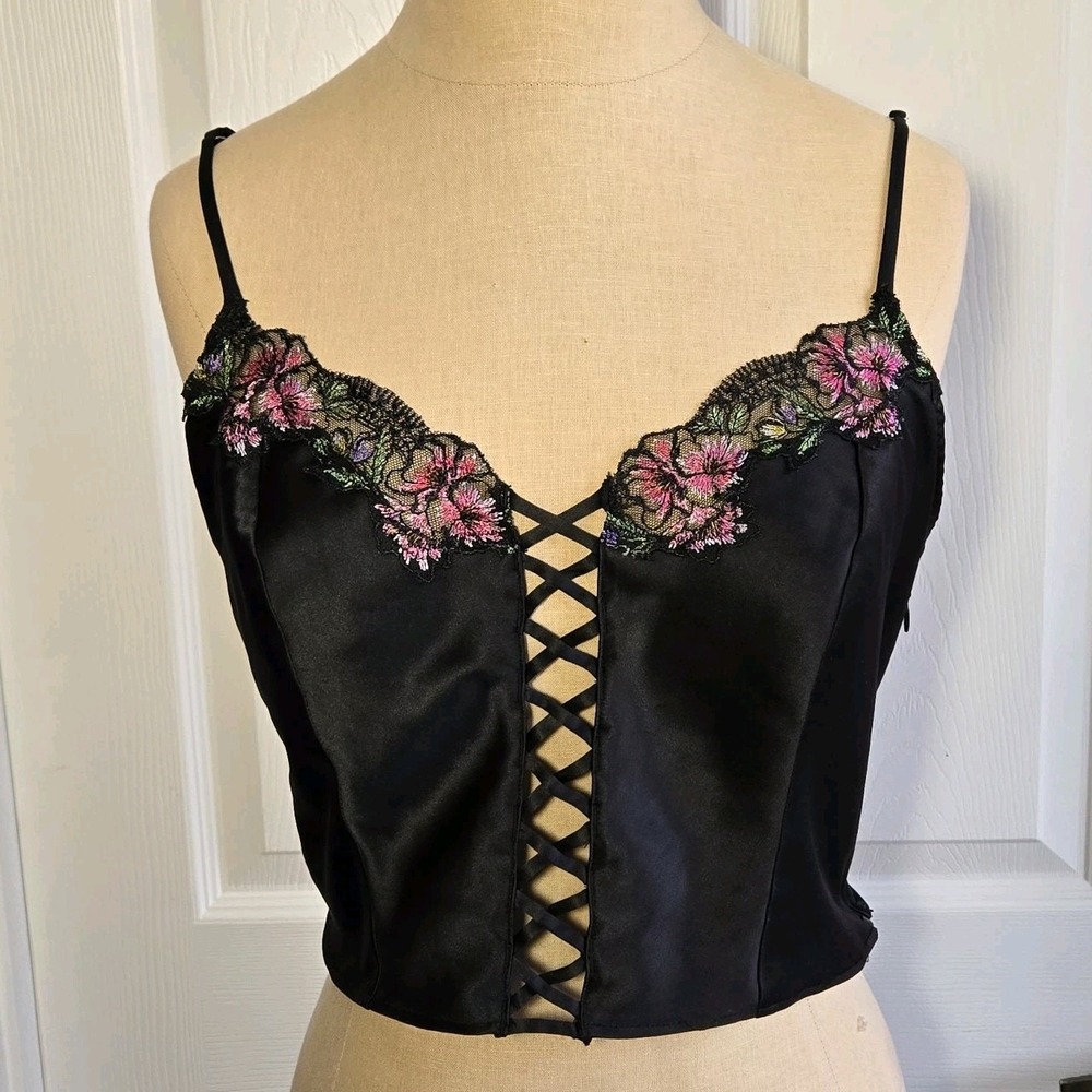 Victoria's Secret Cropped Black Satin Cami Top Size M Camisole Lingerie Side Zip